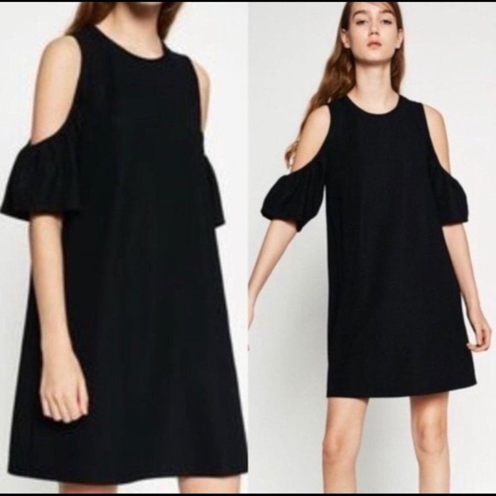 ZARA Trafaluc Black Open Shoulder Mini Shift Dress Size S